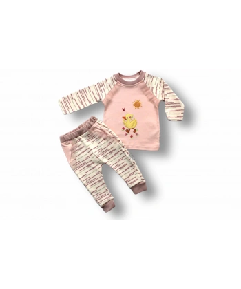 0-3 3-6 6-9 Ay Süslü Ördek Nakışlı Uzun Kollu Sweatli 2li Kız Bebek Takımı Pembe