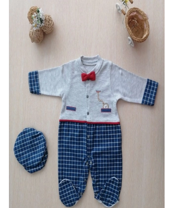 0-3 3-6 Ay Cep Saatli Kasketli Papyonlu Erkek Bebek Tulum Lacivert