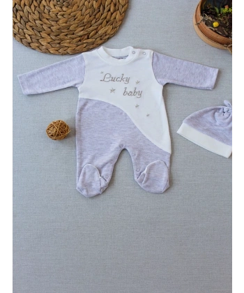 0-3 3-6 Ay Lucky Baby Nakışlı Es Çizgi Boy Şapkalı Erkek Bebek Tulumu Kahvemelanj