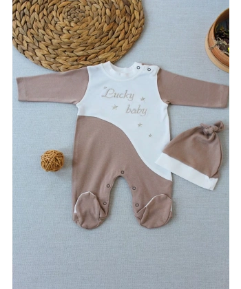 0-3 3-6 Ay Lucky Baby Nakışlı Es Çizgi Boy Şapkalı Erkek Bebek Tulumu Kahverengi