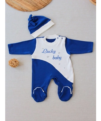 0-3 3-6 Ay Lucky Baby Nakışlı Es Çizgi Boy Şapkalı Erkek Bebek Tulumu Lacivert