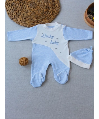 0-3 3-6 Ay Lucky Baby Nakışlı Es Çizgi Boy Şapkalı Erkek Bebek Tulumu Mavi