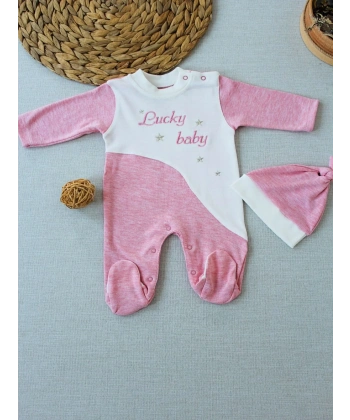 0-3 3-6 Ay Lucky Baby Nakışlı Es Çizgi Boy Şapkalı Kız Bebek Tulumu Pembe