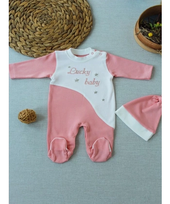 0-3 3-6 Ay Lucky Baby Nakışlı Es Çizgi Boy Şapkalı Kız Bebek Tulumu Pudra