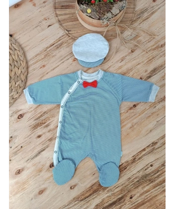 0-3 3-6 Ay Papyonlu Çizgi Desen Çıtçıt Kapama Kasketli Erkek Bebek Tulumu Lacivert