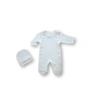 0-3 3-6 Ay Tüllü Fırfır Detaylı Şapkalı Uzun Kollu Kız Bebek Tulumu Ekru