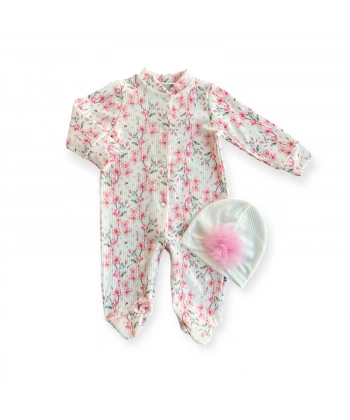 0-3-6-9 Ay Çiçek Baskılı Tam Boy Çıtçıtlı Patikli Güllü Boneli Kız Bebek Tulumu Ekru