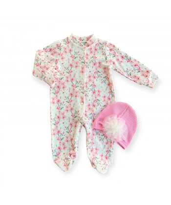 0-3-6-9 Ay Çiçek Baskılı Tam Boy Çıtçıtlı Patikli Güllü Boneli Kız Bebek Tulumu Pembe