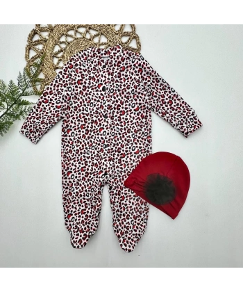 0-3-6-9 Ay Leopar Baskılı Tam Boy Çıtçıtlı Patikli Güllü Boneli Kız Bebek Tulumu Bordo