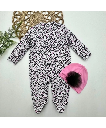 0-3-6-9 Ay Leopar Baskılı Tam Boy Çıtçıtlı Patikli Güllü Boneli Kız Bebek Tulumu Pembe