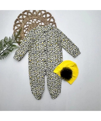 0-3-6-9 Ay Leopar Baskılı Tam Boy Çıtçıtlı Patikli Güllü Boneli Kız Bebek Tulumu Sarı