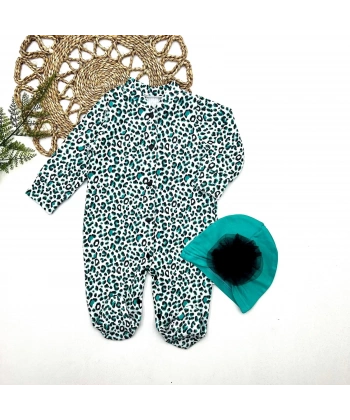 0-3-6-9 Ay Leopar Baskılı Tam Boy Çıtçıtlı Patikli Güllü Boneli Kız Bebek Tulumu Turkuaz