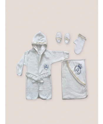0-6 Ay Kaplan Nakışlı Bornozlu 5li Erkek Bebek Havlu Silgi Takımı Mavi