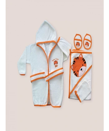0-6 Ay Kaplan Nakışlı Bornozlu 5li Erkek Bebek Havlu Silgi Takımı Turuncu