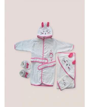 0-6 Ay Kedicik Nakışlı Bornozlu 5li Kız Bebek Havlu Silgi Takımı Fuşya