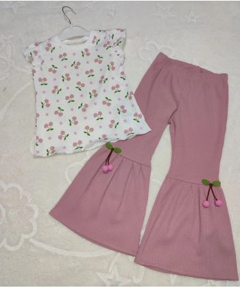 1-2-3-4 Yaş Kiraz Baskılı Tişört İspanyol Paçalı Likralı 2li Kız Çocuk Takımı Gül Kurusu