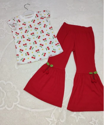 1-2-3-4 Yaş Kiraz Baskılı Tişört İspanyol Paçalı Likralı 2li Kız Çocuk Takımı Kırmızı