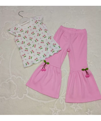 1-2-3-4 Yaş Kiraz Baskılı Tişört İspanyol Paçalı Likralı 2li Kız Çocuk Takımı Pembe