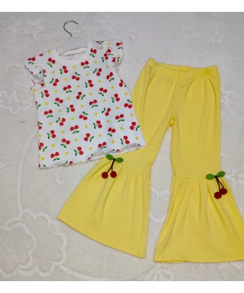 1-2-3-4 Yaş Kiraz Baskılı Tişört İspanyol Paçalı Likralı 2li Kız Çocuk Takımı Sarı