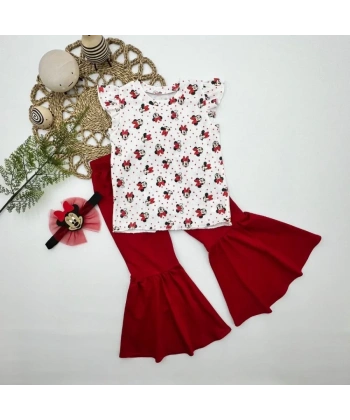 1-2-3-4 Yaş Mickey Baskılı Bandanalı Tişört İspanyol Paçalı Likralı 3lü Kız Çocuk Takımı Kırmızı