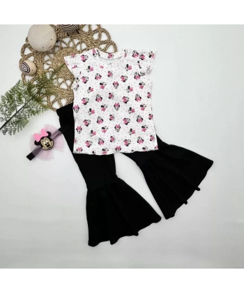 1-2-3-4 Yaş Mickey Baskılı Bandanalı Tişört İspanyol Paçalı Likralı 3lü Kız Çocuk Takımı Siyah