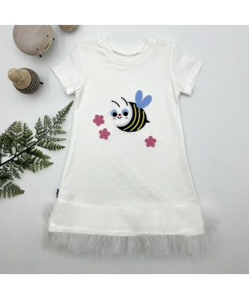 1-2-3 Yaş Arıcık Nakışlı Eteği Fırfırlı Jile Kız Çocuk Elbisesi Beyaz