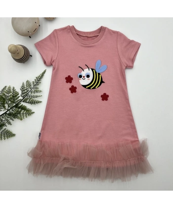 1-2-3 Yaş Arıcık Nakışlı Eteği Fırfırlı Jile Kız Çocuk Elbisesi Gül Kurusu