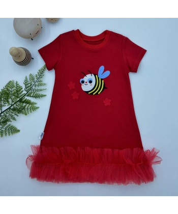 1-2-3 Yaş Arıcık Nakışlı Eteği Fırfırlı Jile Kız Çocuk Elbisesi Kırmızı