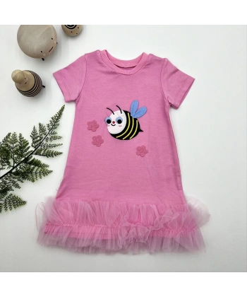 1-2-3 Yaş Arıcık Nakışlı Eteği Fırfırlı Jile Kız Çocuk Elbisesi Pembe