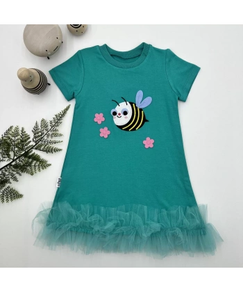 1-2-3 Yaş Arıcık Nakışlı Eteği Fırfırlı Jile Kız Çocuk Elbisesi Turkuaz