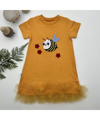 1-2-3 Yaş Arıcık Nakışlı Eteği Fırfırlı Jile Kız Çocuk Elbisesi Turuncu