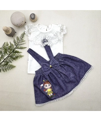 1-2-3 Yaş Bayan Arı Nakışlı Kot Desenli Etek Pamuklu Kumaş 2li Kız Bebek Salopet Takımı Lacivert