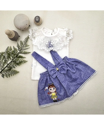 1-2-3 Yaş Bayan Arı Nakışlı Kot Desenli Etek Pamuklu Kumaş 2li Kız Bebek Salopet Takımı Mavi