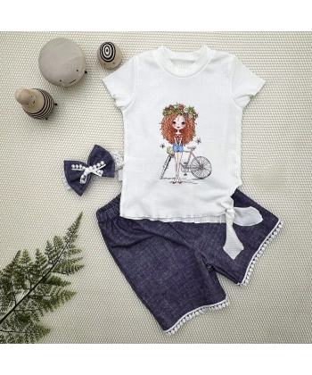 1-2-3 Yaş Bisikletli Kız Baskılı Bandanalı Kot Desenli Şort Kısa Kollu Tişört 3lü Kız Bebek Takımı Lacivert