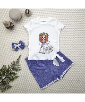 1-2-3 Yaş Bisikletli Kız Baskılı Bandanalı Kot Desenli Şort Kısa Kollu Tişört 3lü Kız Bebek Takımı Mavi