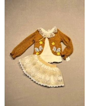 1-2-3 Yaş Brode Etekli Örme Hırkalı Uzun Kollu Sweat 3lü Kız Çocuk Takımı Hardal