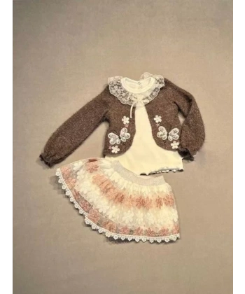 1-2-3 Yaş Brode Etekli Örme Hırkalı Uzun Kollu Sweat 3lü Kız Çocuk Takımı Kahverengi