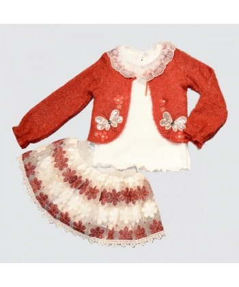 1-2-3 Yaş Brode Etekli Örme Hırkalı Uzun Kollu Sweat 3lü Kız Çocuk Takımı Kırmızı