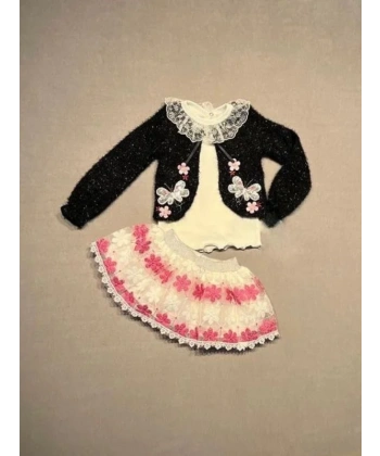 1-2-3 Yaş Brode Etekli Örme Hırkalı Uzun Kollu Sweat 3lü Kız Çocuk Takımı Siyah