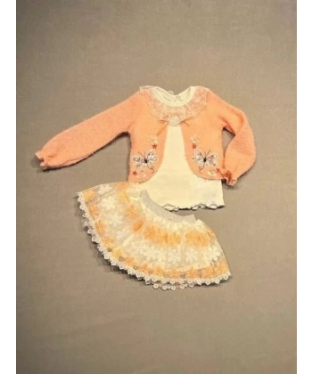 1-2-3 Yaş Brode Etekli Örme Hırkalı Uzun Kollu Sweat 3lü Kız Çocuk Takımı Somon