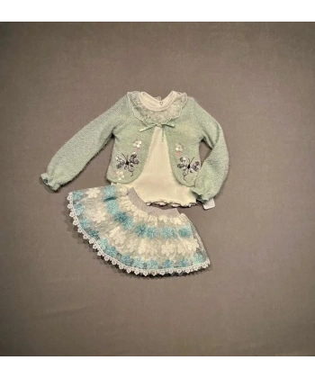 1-2-3 Yaş Brode Etekli Örme Hırkalı Uzun Kollu Sweat 3lü Kız Çocuk Takımı Su Yeşili