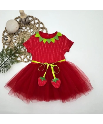 1-2-3 Yaş Çilek Bebekler Baskılı Çilek Kuşaklı Astarlı Kız Bebek Tütü Elbise Kırmızı
