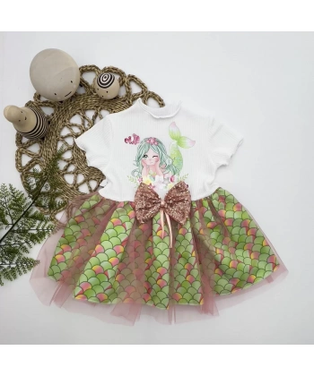 1-2-3 Yaş Denizkızı Baskılı Pul Desen Etekli Kız Bebek Elbisesi Ekru