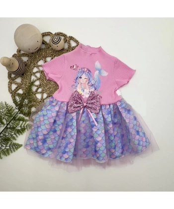 1-2-3 Yaş Denizkızı Baskılı Pul Desen Etekli Kız Bebek Elbisesi Pembe