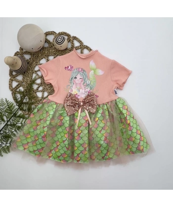 1-2-3 Yaş Denizkızı Baskılı Pul Desen Etekli Kız Bebek Elbisesi Pudra