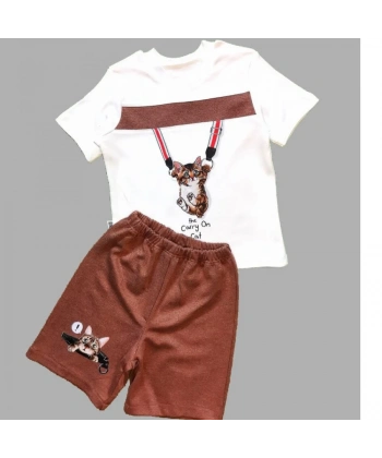 1-2-3 Yaş Fermuarlı Kedi Baskılı Şortlu Kısa Kollu Tişört 2li Erkek Bebek Takımı Kahverengi