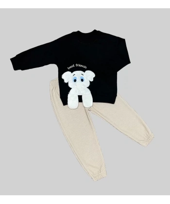 1-2-3 Yaş Filli Sallanan Ayak Desenli Likra Penye Kumaş Sweat Pantolonlu Kız Erkek 2li Çocuk Takımı Siyah