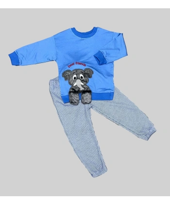 1-2-3 Yaş Filli Sallanan Ayak Desenli Likra Penye Kumaş Sweat Pantolonlu Kız Erkek 2li Çocuk Takımı İndigo