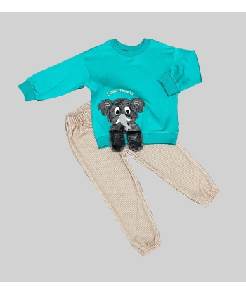 1-2-3 Yaş Filli Sallanan Ayak Desenli Likra Penye Kumaş Sweat Pantolonlu Kız Erkek 2li Çocuk Takımı Mint Yeşili