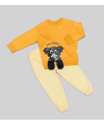 1-2-3 Yaş Filli Sallanan Ayak Desenli Likra Penye Kumaş Sweat Pantolonlu Kız Erkek 2li Çocuk Takımı Turuncu